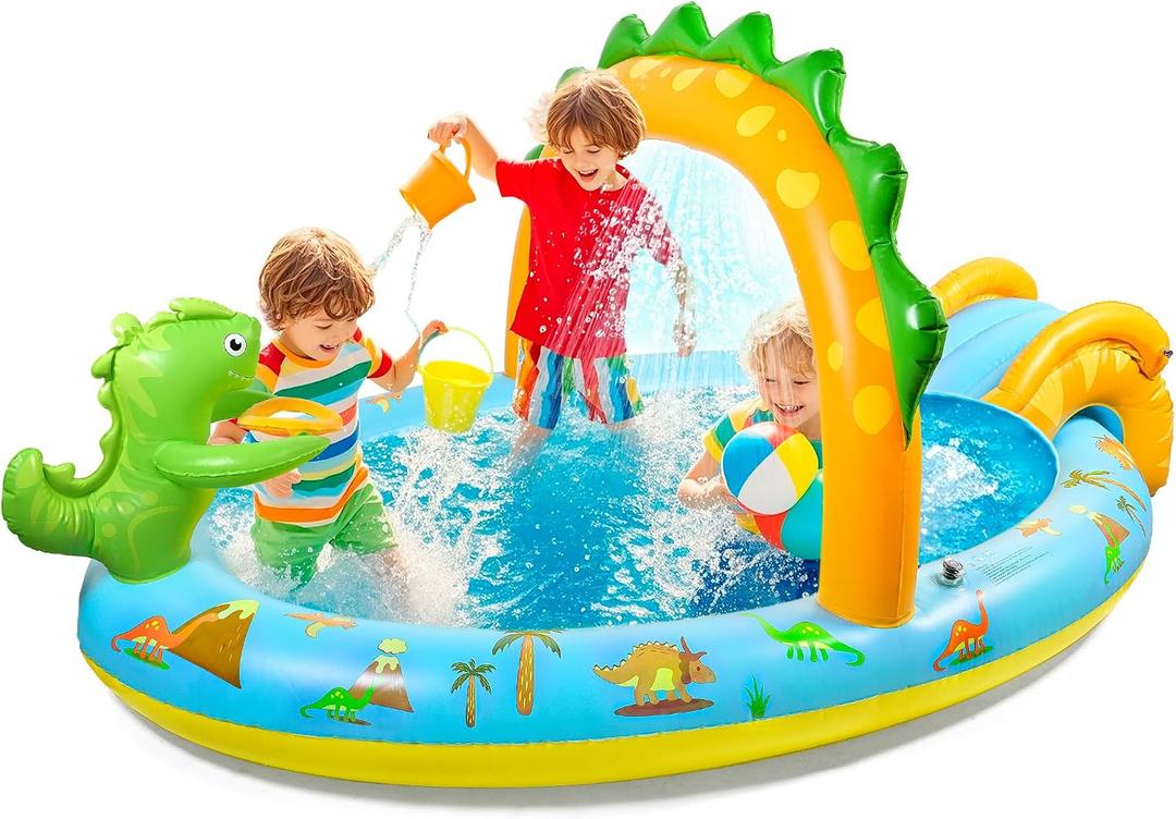 SULIFEEL Dinosaurs Inflatable Play Center Kiddie Pool with Slide and Sprinkler for Children, 96''x59''x39'' Baby Pool for Backyard and Garden