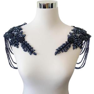 1 Pair Beaded Rhinestones Applique Embellishment for Clothes Epaulettes Shoulder Patches Sewon Diamond Sequin Tassels Applique for Wedding Dress DIY Accessories 9.8X10.2inches (Deepblue)