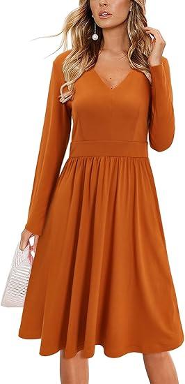ULTRANICE Women's Fall Casual Long Sleeve Dresses V Neck Swing Midi Dress with Pockets, Size M