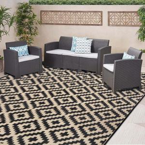 SAND MINE Waterproof Outdoor Rug 8x8 ft, Plastic Reversible Rug, Modern Area Rug, Large Floor Mat for Outdoors, RV, Patio, Backyard, Deck, Picnic, Beach, Camping, Black & Beige