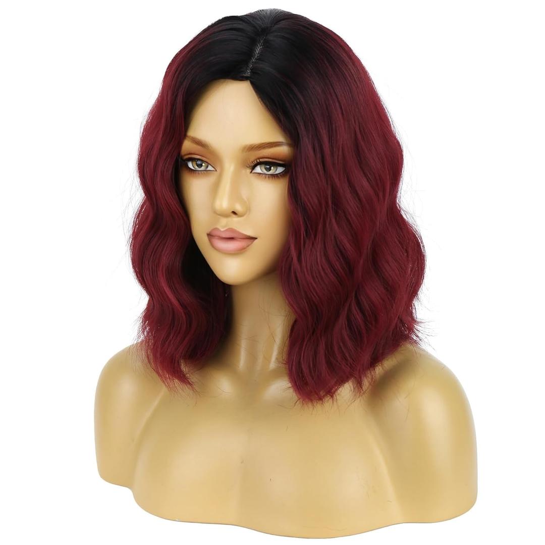 BERON 14 Inches Women Burgundy Ombre Wigs Girls Short Curly Bob Wavy Wig Wine Red Body Heat Resistant Synthetic Cosplay Daily Wigs