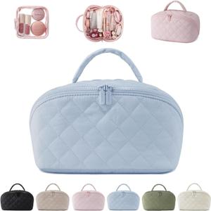 Makeup Bag for Woman, Wide Open Lay-Flat Water-Resistant Cosmetic Case, Festivalment Makeup Bag, Spacious 180 Open Cosmetic Organizer for Toiletries & Brushes Large Capacity with Compartments (Blue)