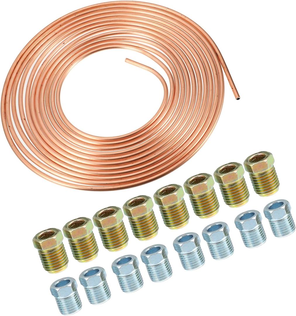 1 Set 25 Ft of 5/16 Inch OD Brake Line Tubing Kit Flexible Copper Coated Brake Line Tube Roll Coil with 16 Inverted Flare Fittings Replacement