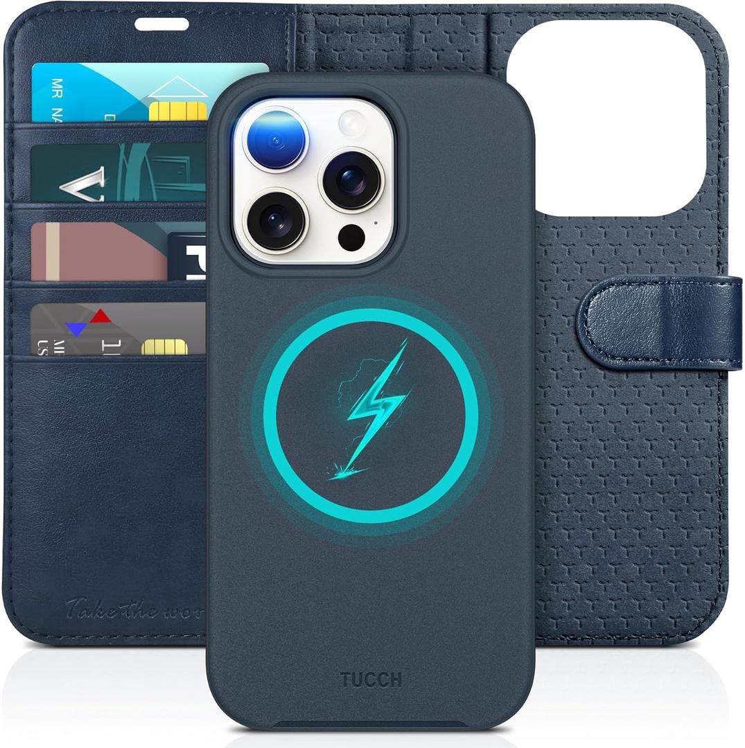 TUCCH Wallet Case for iPhone 15 Pro, Detachable 2-in-1 Stand RFID Blocking 4 Card Slot Wireless Charging Protective Case, PU Leather Magnetic Removable Folio Compatible with iPhone 15 Pro, Dark Blue