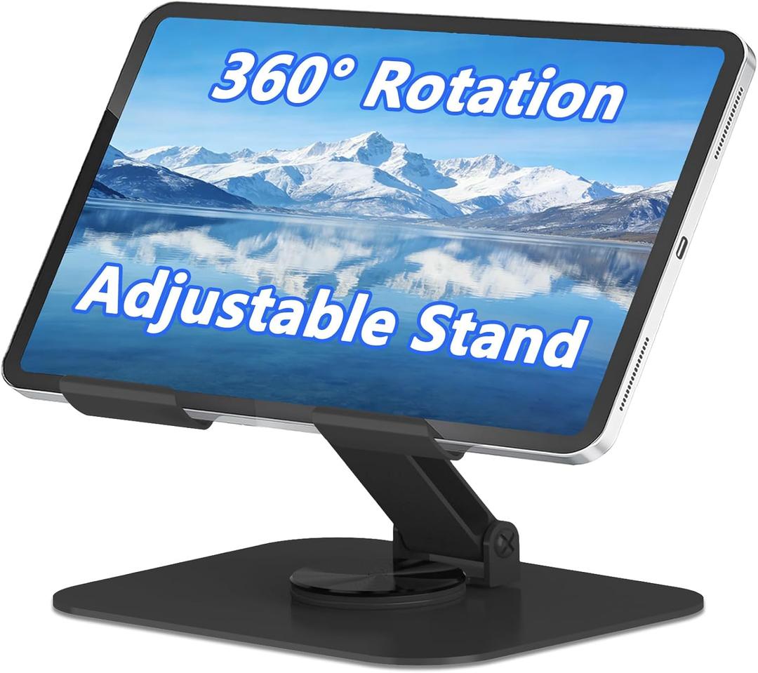 360 Rotation Tablet Stand, Ultra Stability Base Fully Folded Easy to Store and Carry Adjustable iPad Stand Compatible with 4-13" Tablet E-Reader iPad Pro/Air/Mini and More (Black)