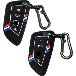 2pcs Key Fob Covers, Striped Silicone Key Protector Shell with Keychain Compatible with 2015-2023 Luxury Car Models Fits Series 2 4 5 6 7 X1 X2 X3 X4 X5 X6
