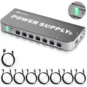 Vangoa Built-in 4600mAh Rechargeable Guitar Pedal Power Supply with Battery Indicator 7 Outputs DC 9V, 300mA, 100mA, 5V/1A USB Port, Pedal Board Power Supply with Short-Circuit Protection, PS-01 (Silver)