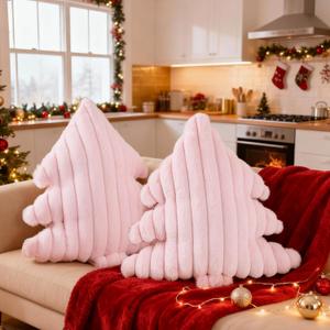 Lanpn Christmas Tree Pillows Set of 2, Christmas Decoration Wide Stripes Winter Throw Pillows Soft Cute 3D Shaped Xmas Tree Throw Cushion for Sofa Bedroom Xmas Decor (18x16 inch, Pink)