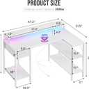DUMOS 47 Inch Gaming Desk, Monitor Stand, LED Lights, Storage Shelves | USB Charging Ports, Power Outlets, Reversible L Shaped Corner, Small Spaces, White, 31.5‘’x 31.8'' x 47''