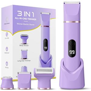 Bikini Trimmer for Women,5in1 Electric Razors for Women,Electric Shaver for Women's,IPX7 Waterproof Trimmer for Men Legs,with 5 Replaceable Blade Heads,USB Recharge Dock（Purple）