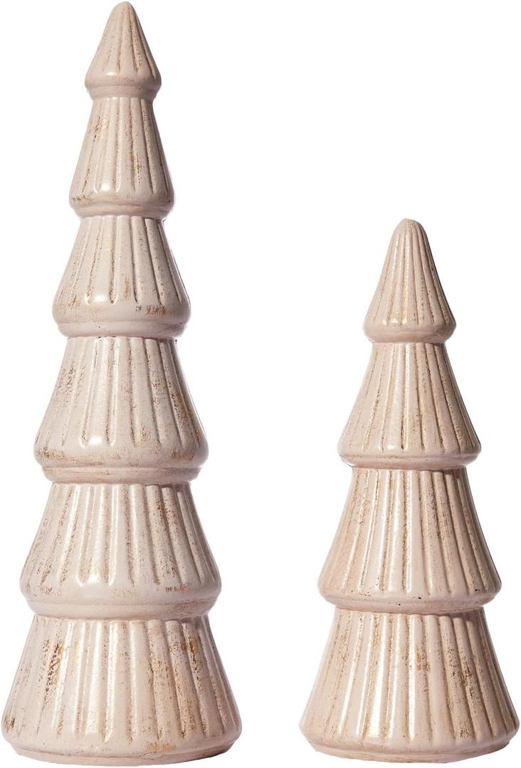 WONDROUS' DECO Wooden Christmas Tree Figurine, Tabletop Pink and Gold Tree Figurine, Set of 2 Desk Centerpieces for Christmas Decor