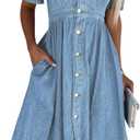 Women Denim Shirt Dress V Neck Short Sleeve Long Bottom Down A-Line Jeans Dresses with Pockets (Large, Blue)