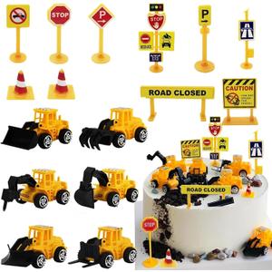 Newmemo 16pcs Mini Vehicles Construction Cake Topper Truck Excavator Road Sign Cake Cupcake Topper, Mini Construction Truck Vehicles Toy Cake Decoration for Engineering Transportation Theme Party