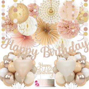 Champagne-Gold Beige Birthday Decorations for Women Girls,Cream Neutral Balloons Dcor,Happy Banner,Boho Peach Paper Lanterns Tissue Pom Poms Fan,Anniversary Princess Backdrop Party Supplies