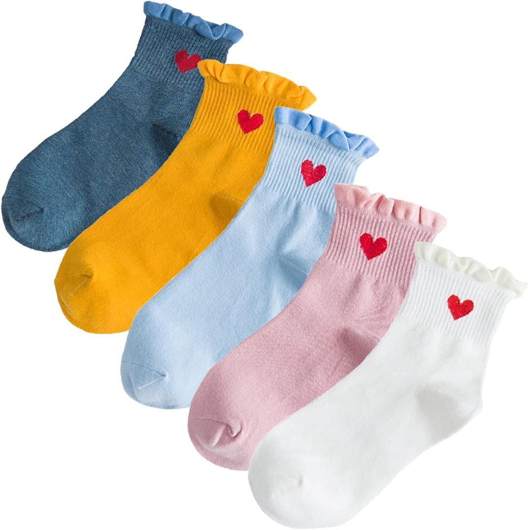 3/5 Pairs Cute Heart Socks Ruffle Socks Ankle Socks for Women Crew Socks Gifts for Womens Socks