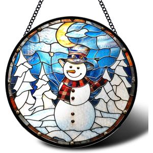 ERMCDFHC Stained Glass Window Hanging, Snowman with Moonlight Scene Round Sun Catchers Glass Panel Suncatcher Decor for Home, 7.8Inch. (003)