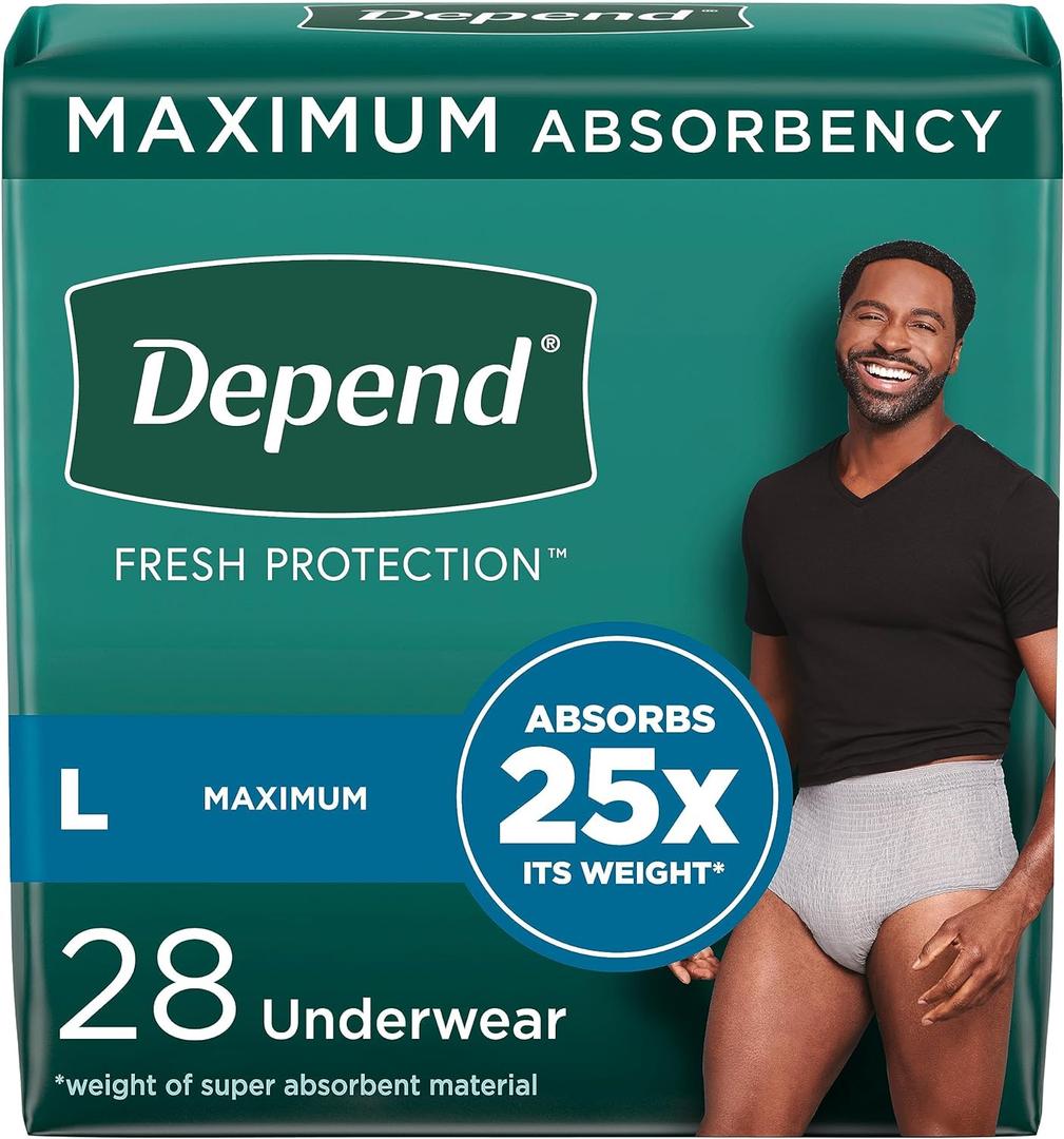 Depend Fresh Protection Adult Incontinence Underwear for Men, Disposable, Maximum, Large, Grey, 28 Count, Packaging May Vary (Large)