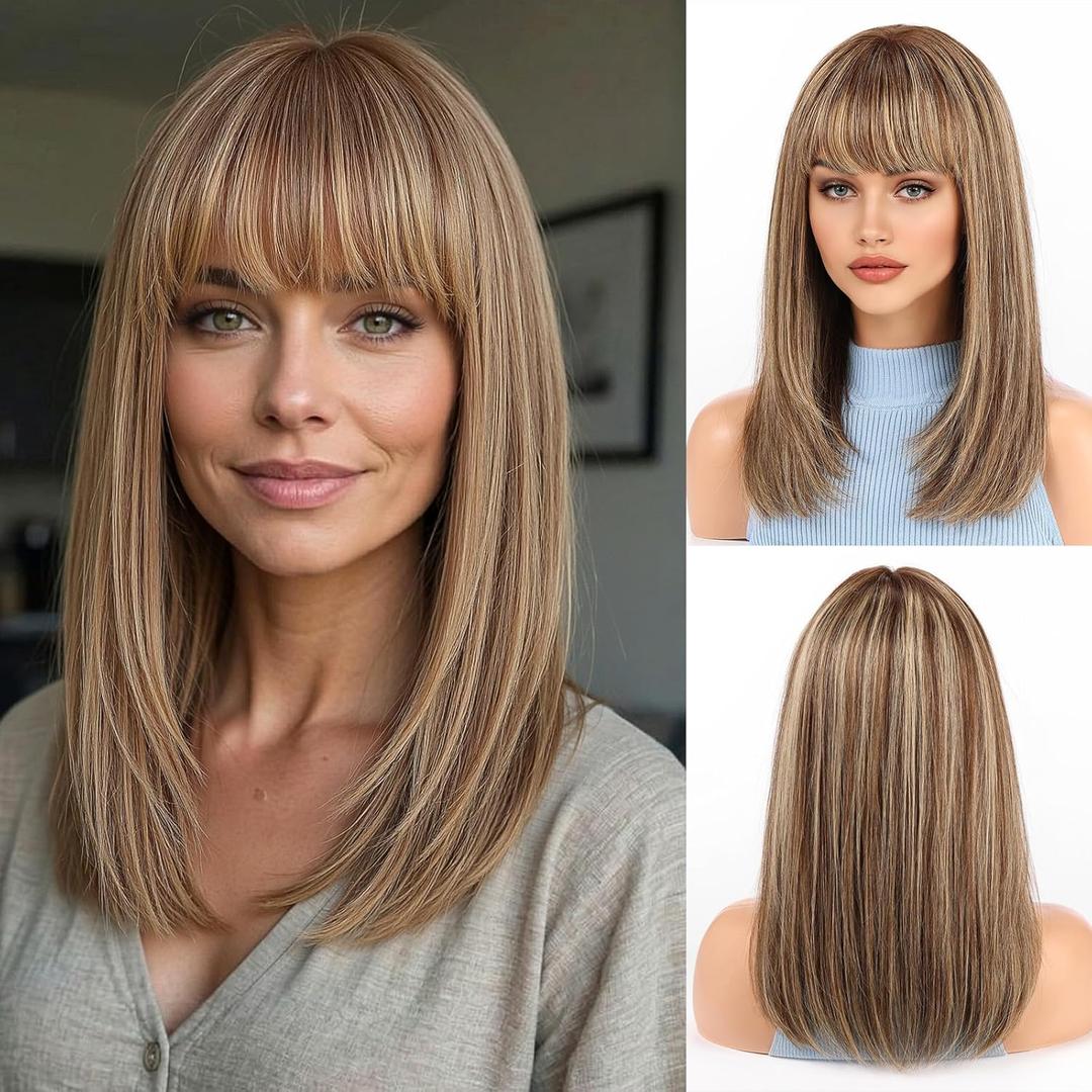 Starluck 16 Inch Brown Mixed Blonde Human Hair Wig,Human Hair Wigs, Human Hair Wig With Bangs, Lady Wigs Human Hair, Real Hair Wigs For Women
