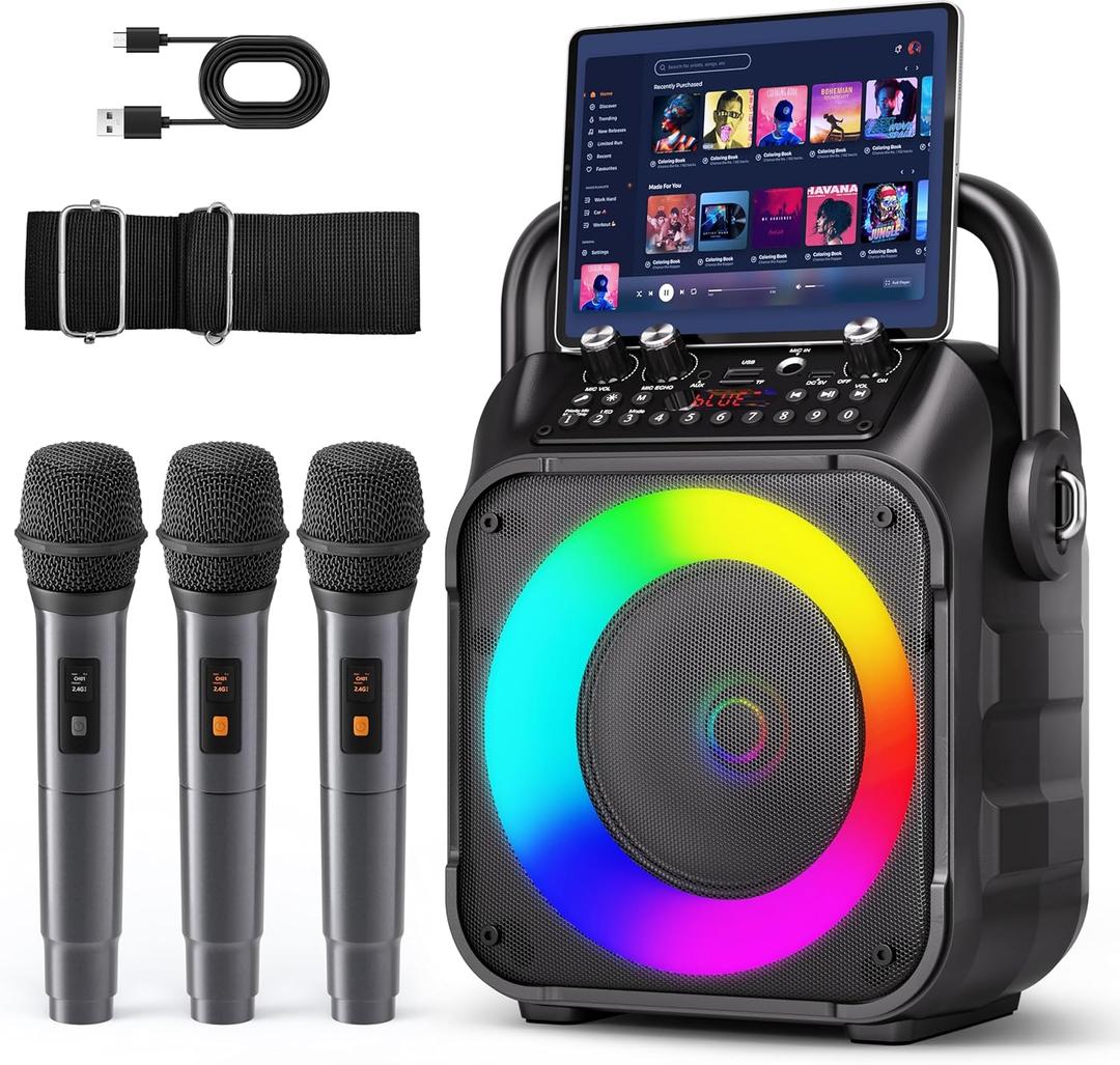 Karaoke Machine, Portable Bluetooth Speaker with 3 Wireless Microphones for Adults & Kids with Lights, Karaoke Microphone with PA System Supports USB/TF/FM/AUX for Home Party Home System Packages