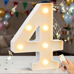 Marquee Numbers Lights Sign with Birthday Music, LED Decorative Light up Number 4 with Remote for Party Anniversary Decorations Wedding Christmas Home Decor, Battery Operated, White Plastic