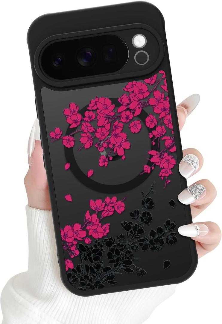 OOK Magnetic Case Fit for Google Pixel 10 Pro XL 6.8, Hot Pink Floral | Wireless Charging Compatible, Soft TPU and Hard PC, Anti-Scratch Shockproof Protection Phone Cover for Women