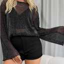 MakeMeChic Women's Mesh Sheer Bell Sleeve T Shirt Sparkly Lettuce Trim Y2k Tee Tops (XS)