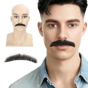 Mens Fake Mustache 100% Human Hair Hand Knoted Costume Party Funny Cosplay Tin Pencil Realistic Beard, (Black)