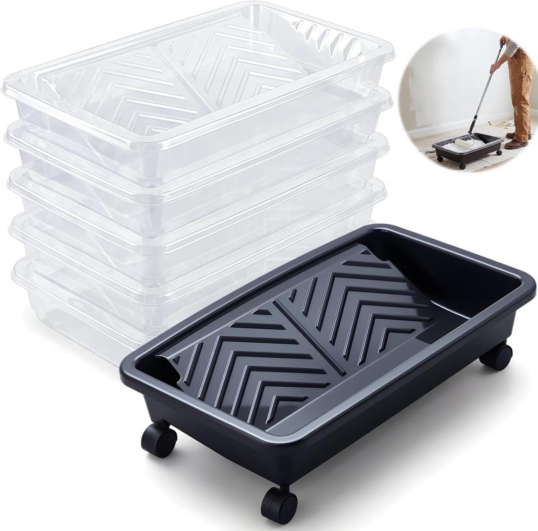 Geetery 20 Inch Rolling Paint Tray with Wheels, 5 Disposable Liners, Black