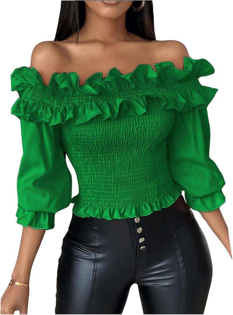 Floerns Women's Ruffle Trim Off Shoulder Flounce Sleeve Shirred Blouse Top (Large, Green)