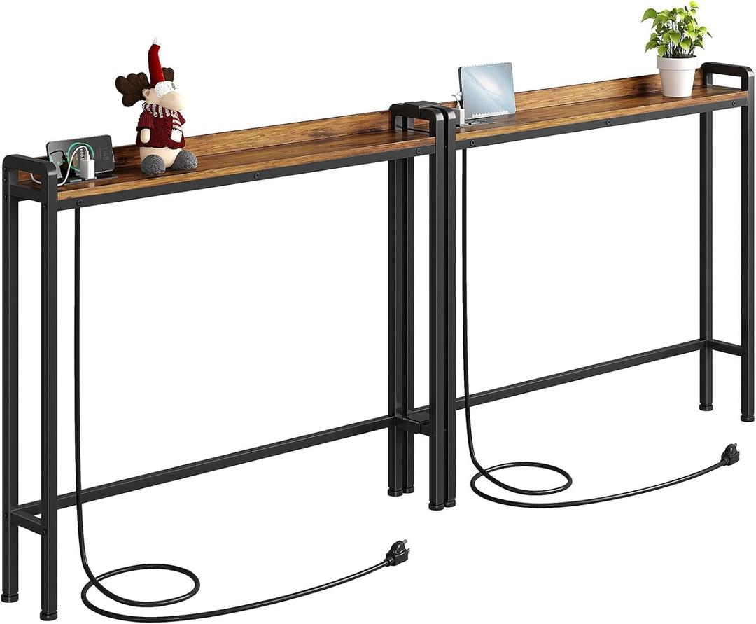 Kitstorack 2-Pack Narrow Entryway Console Table with Elevated Rear Fence & 2 Power Outlets, Skinny Behind Couch Table, 79" Long x 5.9" Wide x 33.3" High, Thin Sofa Side Table for Living Room, Brown