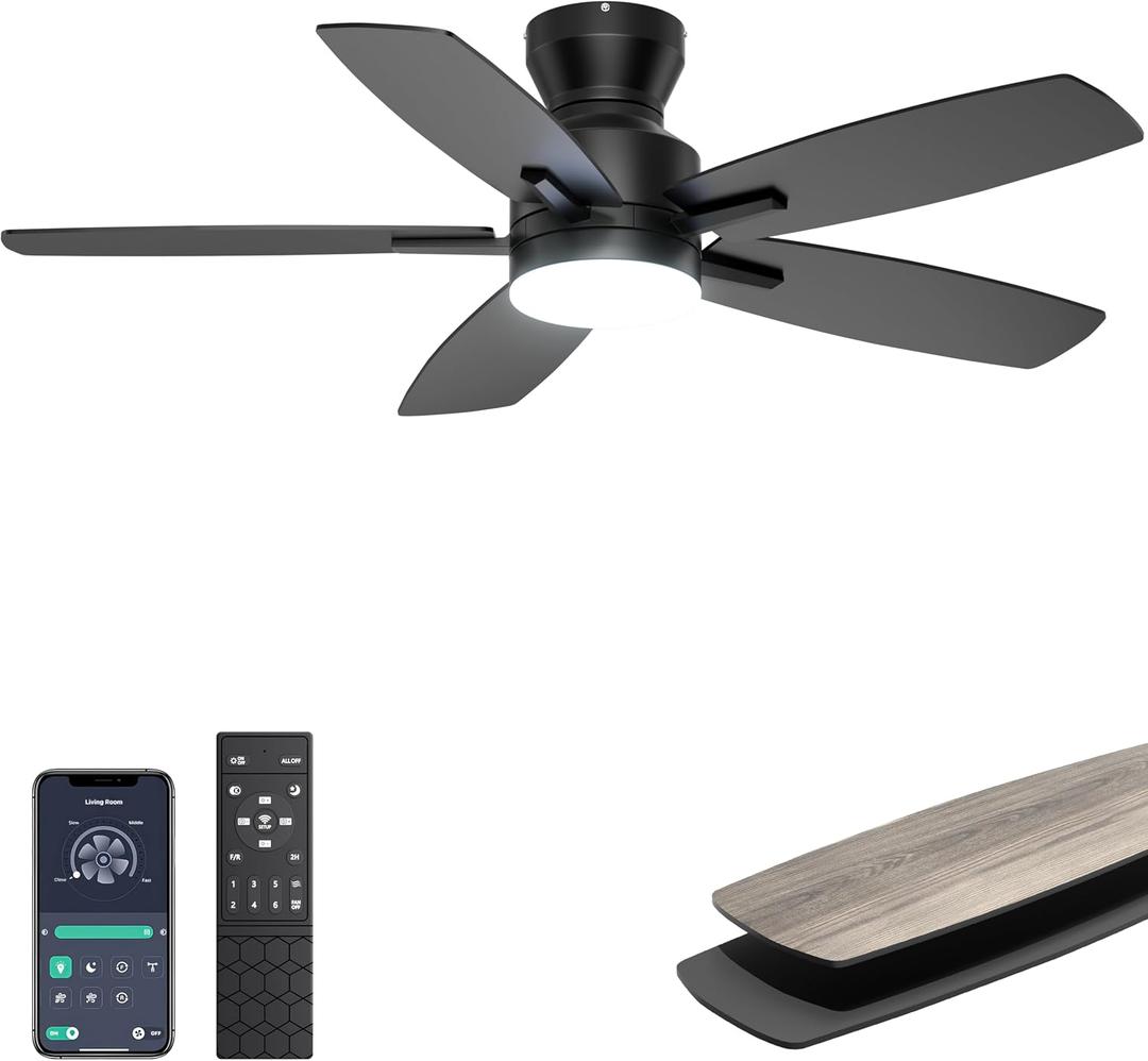 Ohniyou Ceiling Fans with Lights, 42'' Low Profile Ceiling Fan with Light and Remote/APP Control, Modern Flush Mount Ceiling Fan for Indoor Bedroom Kitchen, Dimmable, Qiuet DC Motor, Black