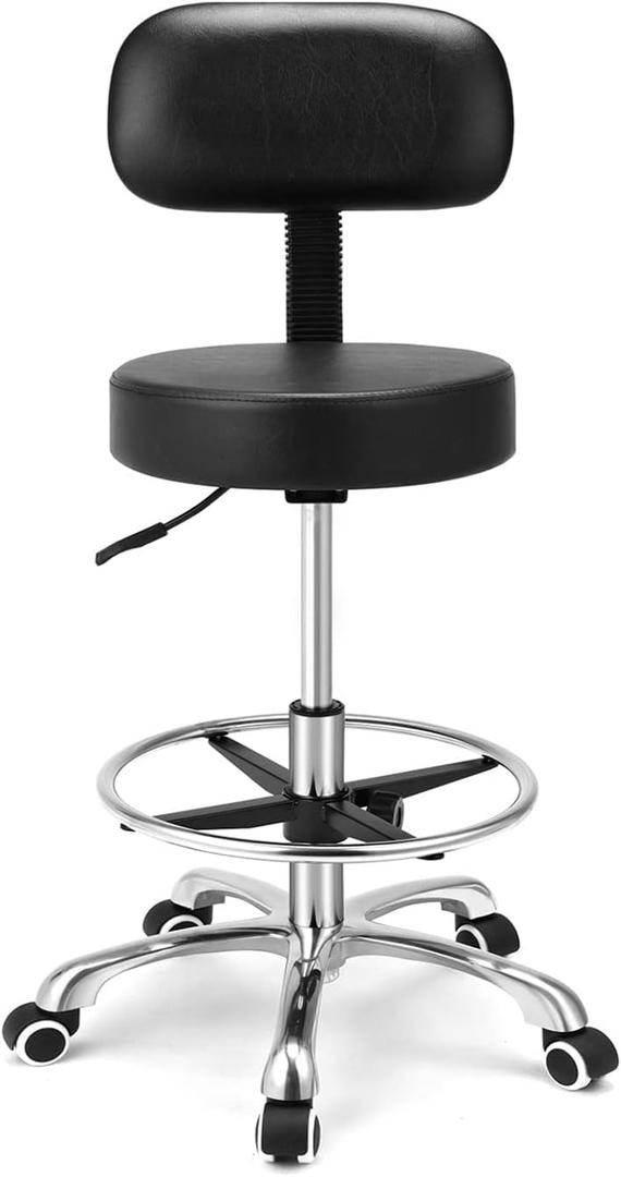 Kaleurrier Rolling Swivel Adjustable Heavy Duty Drafting Stool Chair for Salon Medical Kitchen Lab Clinic Dental Office and Home uses,with Wheels and Back Support (Black with Footrest)