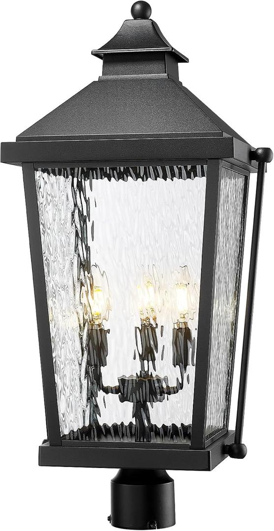 zeyu 26 Inch Outdoor Post Lights, 3 Light Lamp Post Light Fixture Hardwired, Large Waterproof Lamp Pillar Fixtures for Pathway, Water Ripple Glass Shade, Black Finish, ZW105P-L BK-SW, 26 Inch - No Function