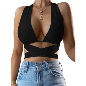 Kaximil Women's Sexy Sleeveless Halter Criss Cross Cami Lace Up Self Tie Tank Crop Tops, L, Black
