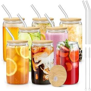 sungwoo 8PCS Glass Cups with Bamboo Lids and Straws, 16OZ Ice Coffee Cup, Drinking Cup set with Wooden Lids, Home Essential Glass Tumblers for Beer, Cocktail, Tea and Latte Clear