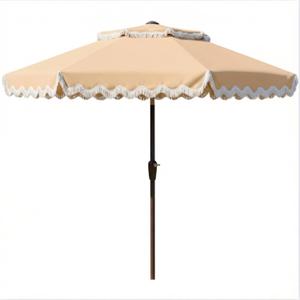 9FT Patio Umbrella with Fringe,Tassel Umbrella with Push-Button Tilt | UPF 50+ & Rust-Resistant Fiberglass Frame for Patio, Pool,Garden,Yard(Khaki)