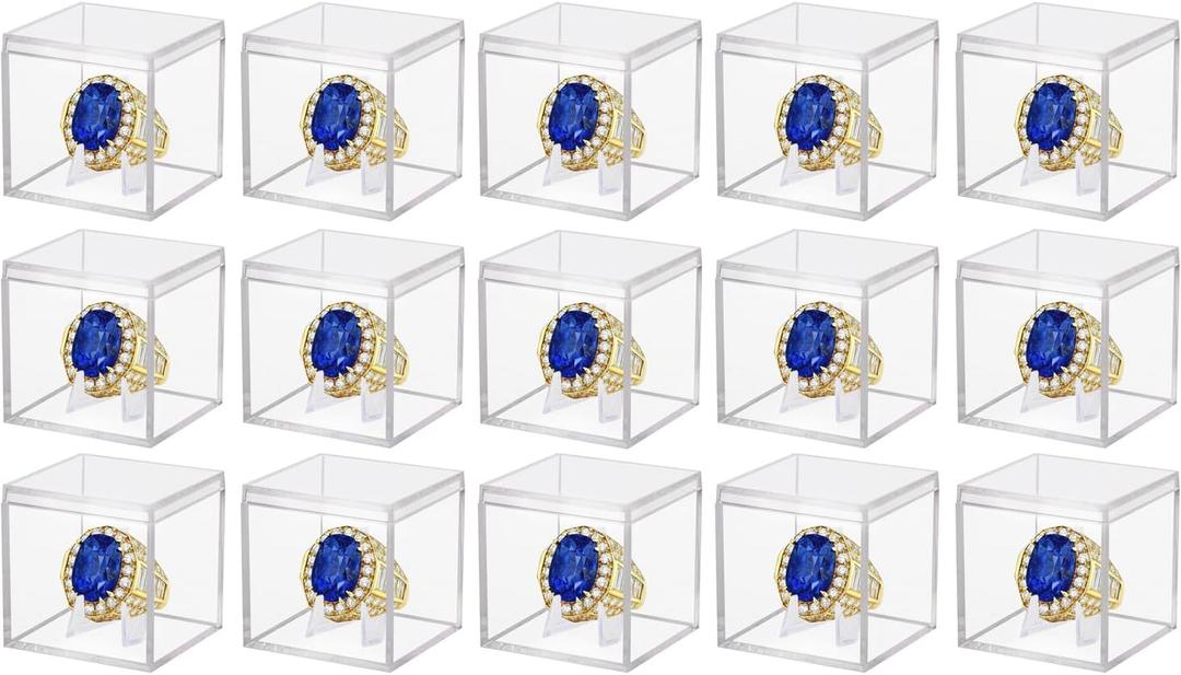 Championship Ring Display Case 15pcs Clear Acrylic Plastic Baseball Display Case Small Showcase with Mini Card Stand Holder Square Storage Box for Jewelry Sport Ring Candy Box