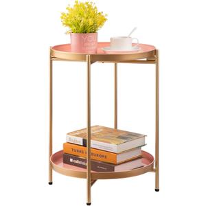 HollyHOME 2-Tier Round Gold Side Table, Outdoor Small Folding Accent Stand with Removable Tray, Anti-Rust Metal Asional Table for Balcony Patio Living Room, Nightstand for Bedroom(Gold&Pink)