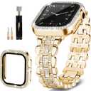 Bling Bands Compatible with Apple Watch Band 44mm for Women, Diamond Jewelry Replacement Metal Wristband Strap Shiny Bracelet with Crystal Protector Casefor iWatch Series 6/5/4/SE (Gold)