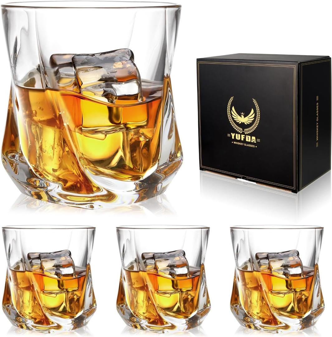 Whiskey Glasses, 10 oz Bourbon Glasses Set of 4 Square Bottom, Old Fashioned Rocks Glass for Drinking Cocktail Scotch Cognac, Luxury Whiskey gift for Men,Festival Gift