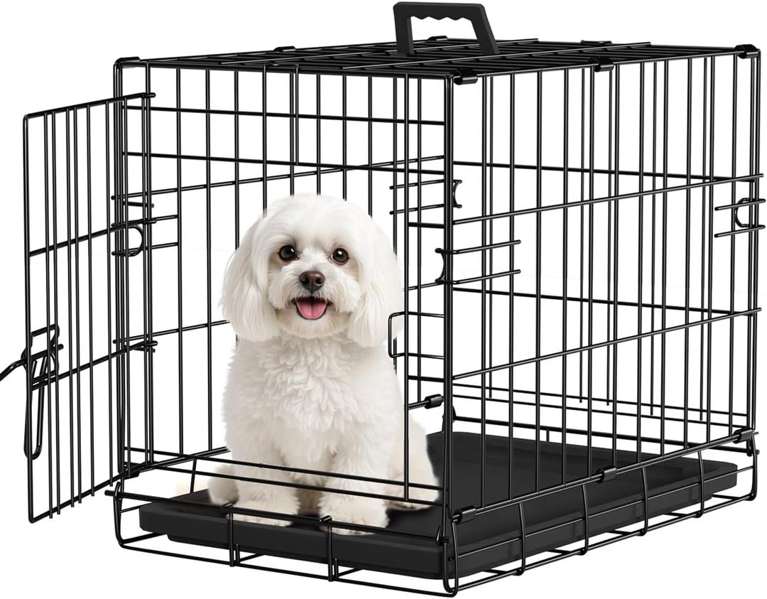 FDW Dog Crate for Small Dogs 18 Inch Folding Metal Wire Pet Cage Single Door W/Divider Panel Indoor Outdoor Kennel Leak-Proof Plastic Tray, Black