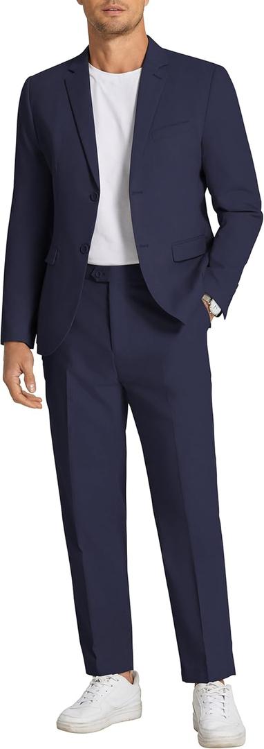 COOFANDY Men's 2 Piece Linen Suits Set Regular Fit Casual Linen Lightweight Suit Summer Beach Wedding, Size 3XL (Navy Blue)