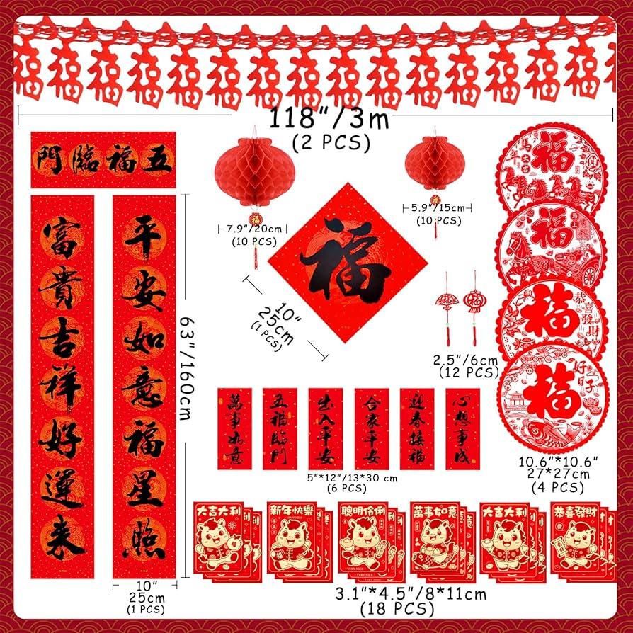 Chinese New Year Decoration 2026 Lunar Happy Horse, 60 Pcs Ornaments Set Paper Red Lantern Red Envelopes Hongbao Couplets Banner Lucky Hanging Ornaments Fu Festival Gift Party Vietnamese Decoration