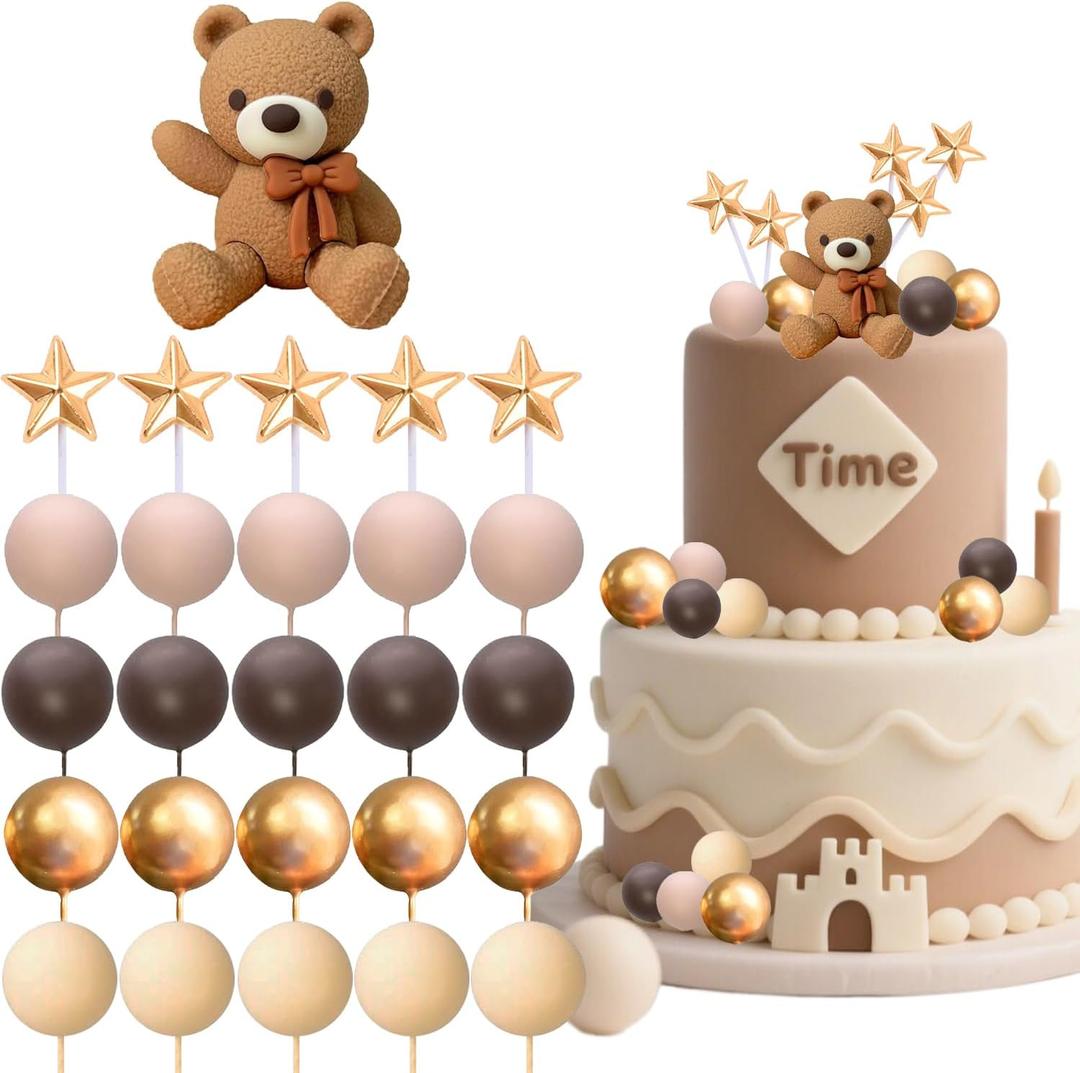 Bear Cake Toppers Bear Balls Cake Decorations with Stars Clouds Cake Toppers for Boy Girl Baby Shower Birthday Party Decorations (Dark Brown Bear Set)