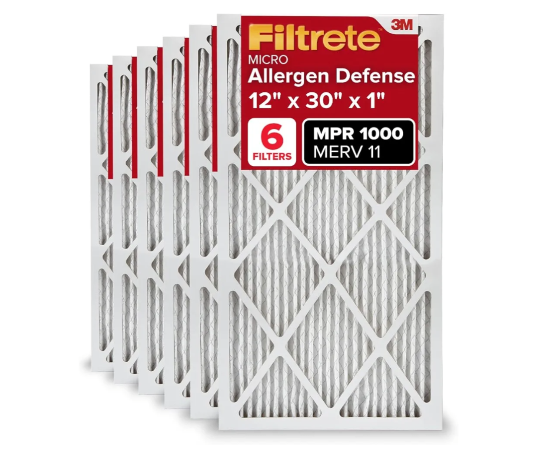 Filtrete 12x30x1 AC Furnace Air Filter, MERV 11, MPR 1000, Micro Allergen Defense, 3-Month Pleated 1-Inch Electrostatic Air Cleaning Filter, 6 Pack (Actual Size 11.81x29.81x0.81 in) Filtrete 12x30x1 AC Furnace Air Filter, MERV 11, MPR 1000, Micro Allergen Defense, 3-Month Pleated 1-Inch Electrostatic Air Cleaning Filter, 6 Pack (Actual Size 11.81x29.81x0.81 in)