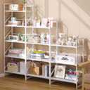 JSB No Assembly Folding Bookshelf, 4 Tier Industrial Metal Book Shelf for Storage, Vintage Wood Foldable Bookcase for Living Room, Bedroom, Office Organization Shelves, Flat Tube 4-Tier
