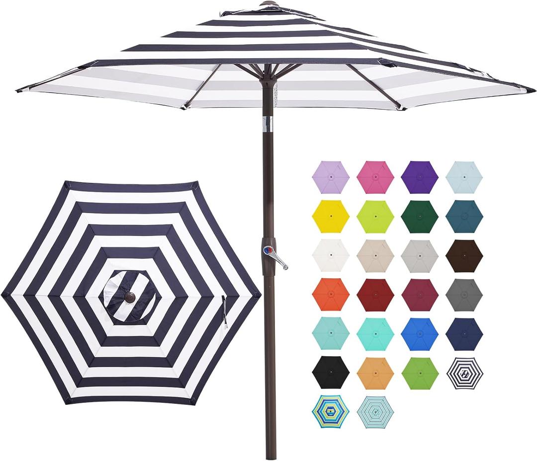 JEAREY 7.5FT Patio Umbrella Market Table Umbrella with 6 Sturdy Ribs, Push Button Tilt/Crank Outdoor Umbrella for Garden, Deck, Backyard, Pool and Beach,Black-White Stripe