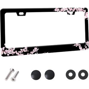 Cherry Blossom License Plate Frame  Stylish Black Frame with Pink Cherry Blossom Design, Stainless Steel Car Holder with Screws & Caps, Fits US & Canada Vehicles (Cherry Blossom)