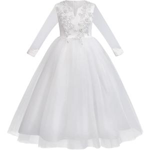 Flower Girls Maxi Dress Bridesmaid Wedding Pageant Party Princess Communion Floral Boho Vintage Lace Dance Gown (9-10 Years, White - Long Sleeve)