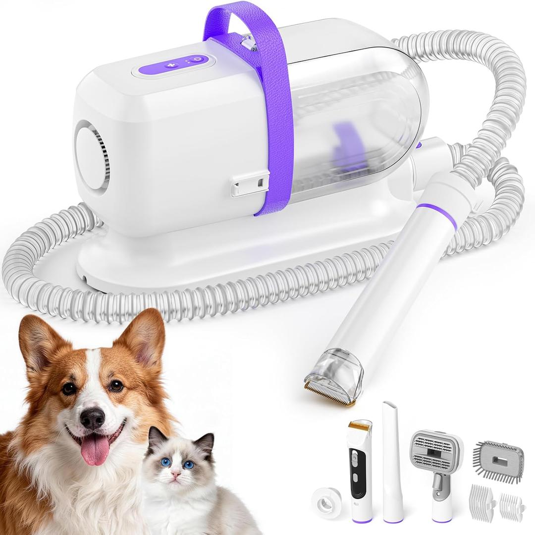 LOMMOL 6-in-1 Dog Grooming Vacuum, Pet Grooming Kit with Dog Clippers, 2.2L Dust Cup Dogs Vacuum with Dryer Function, Low Noise Upgrade Pet Grooming Vacuum with 6 Tools for Home Pet Hair, Purple